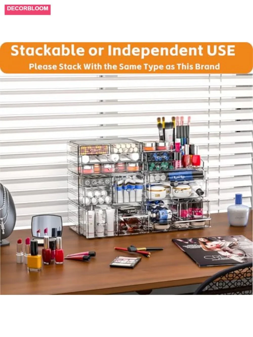 8-Drawer Acrylic Makeup Organizer with Stackable Storage for Vanity Desk